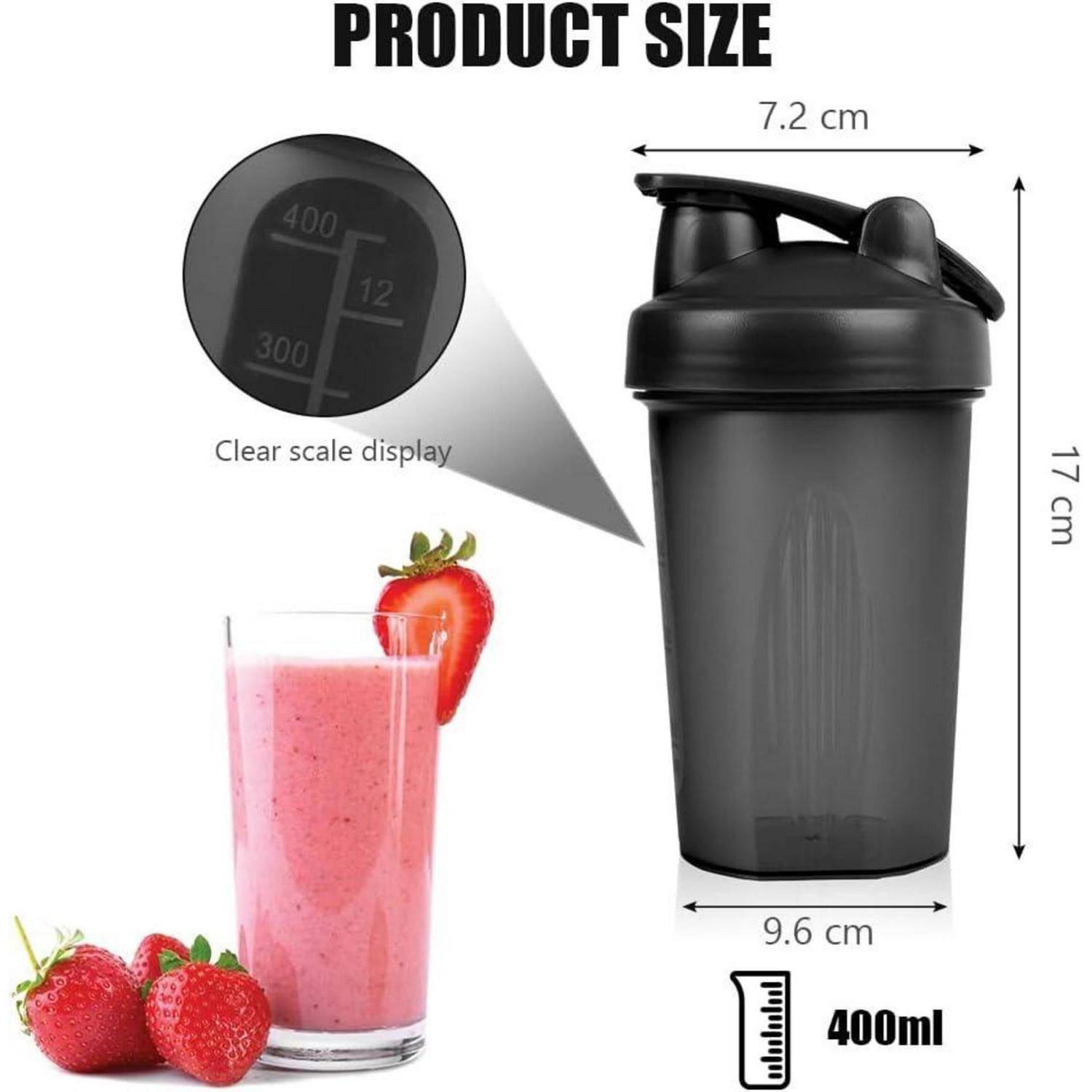 Produktgröße': Abbildung zeigt eine schwarze Shakerflasche mit klarer Skalenanzeige, 17 cm hoch, 9,6 cm breit und 400 ml Fassungsvermögen, neben einem pinken Smoothie.