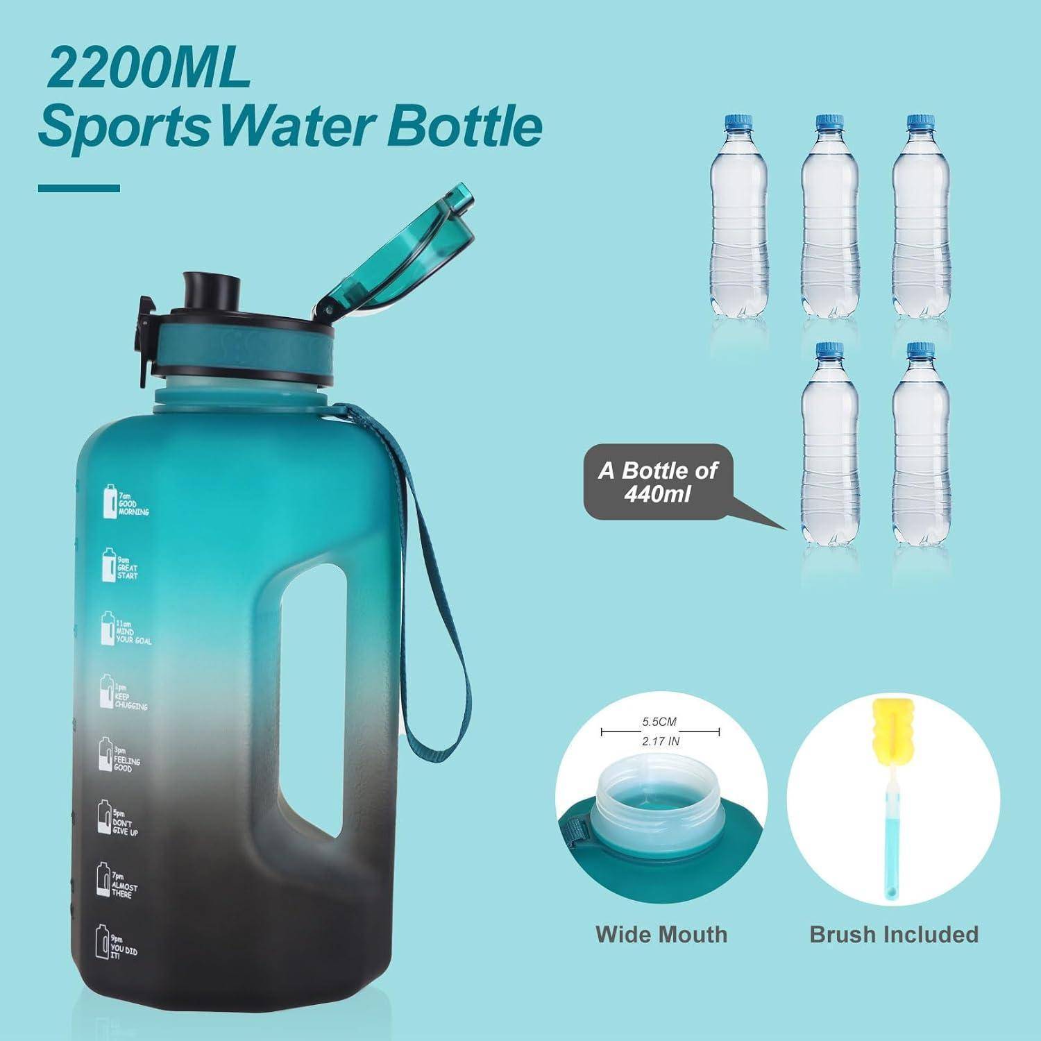 Ombre Green 2200ML Sportswasserflasche mit breiter Öffnung, Griff und mitgelieferter Bürste. Größenvergleich zeigt Volumen gleich fünf 440ml-Flaschen.