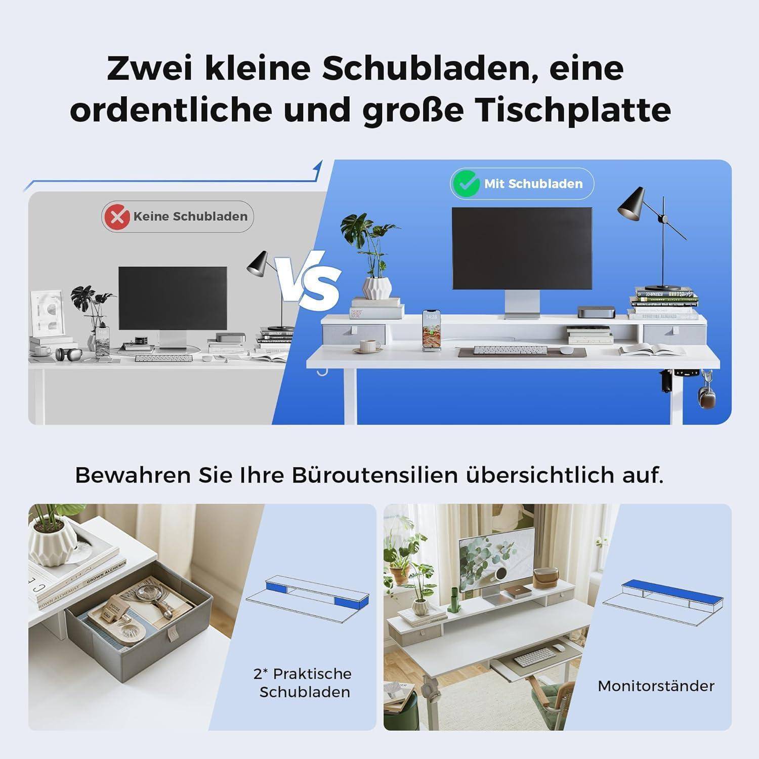 Höhenverstellbarer Schreibtisch 140 x 60 cm mit 2 Schubladen