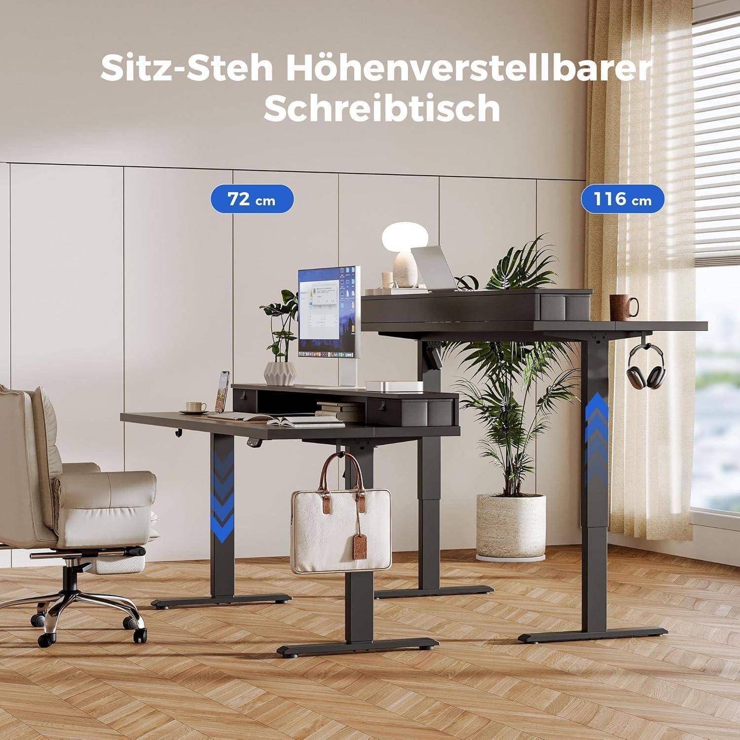 Höhenverstellbarer Schreibtisch mit 2 Schubladen 140x60 cm Elektrisch