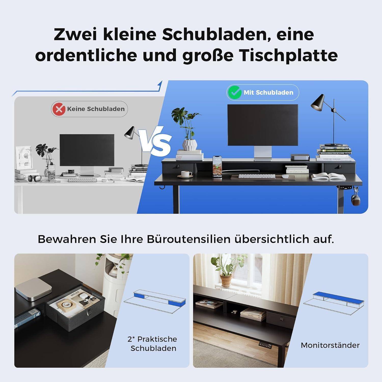 Höhenverstellbarer Schreibtisch mit 2 Schubladen 140x60 cm Elektrisch