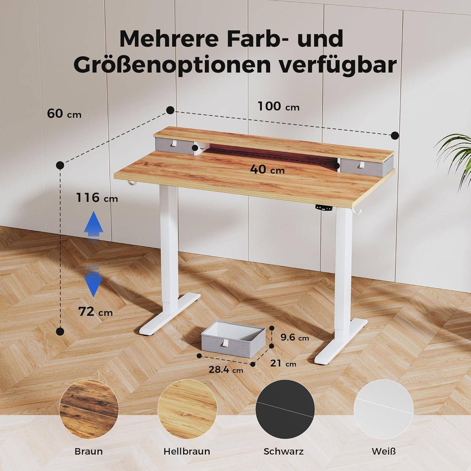 Schreibtisch Höhenverstellbar StehSitz Hellbraun 100 x 60 cm