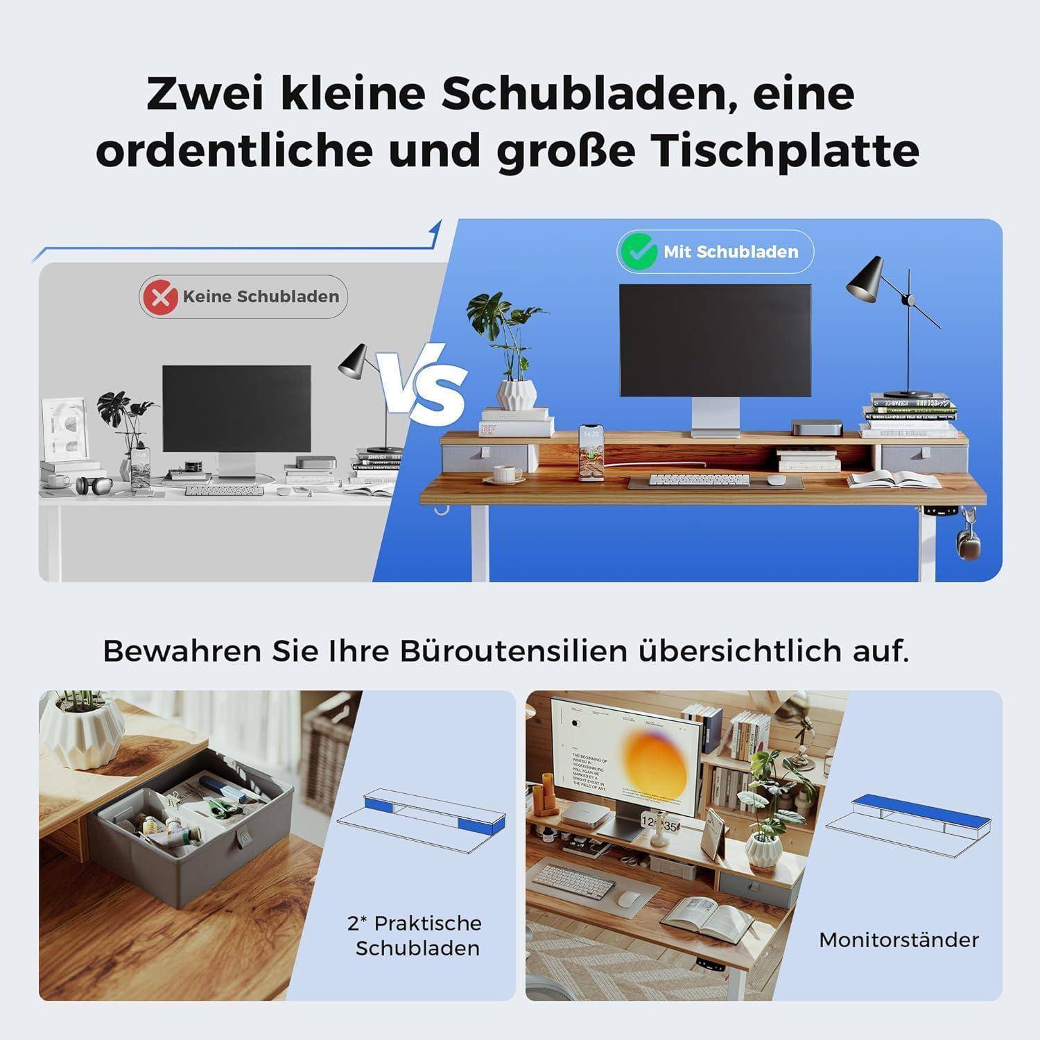 Höhenverstellbarer Schreibtisch mit 2 Schubladen Elektrisch 160x60cm