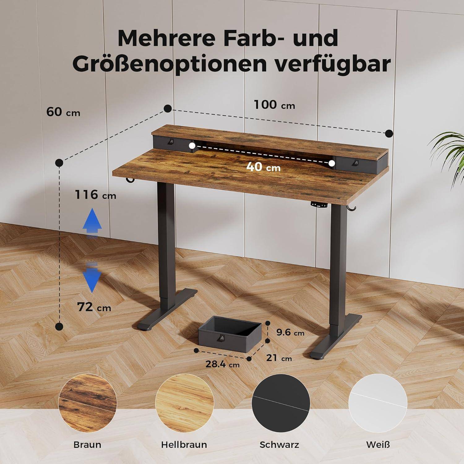 Schreibtisch höhenverstellbar Stehsitz 2 Schubladen Braun 100 x 60 cm