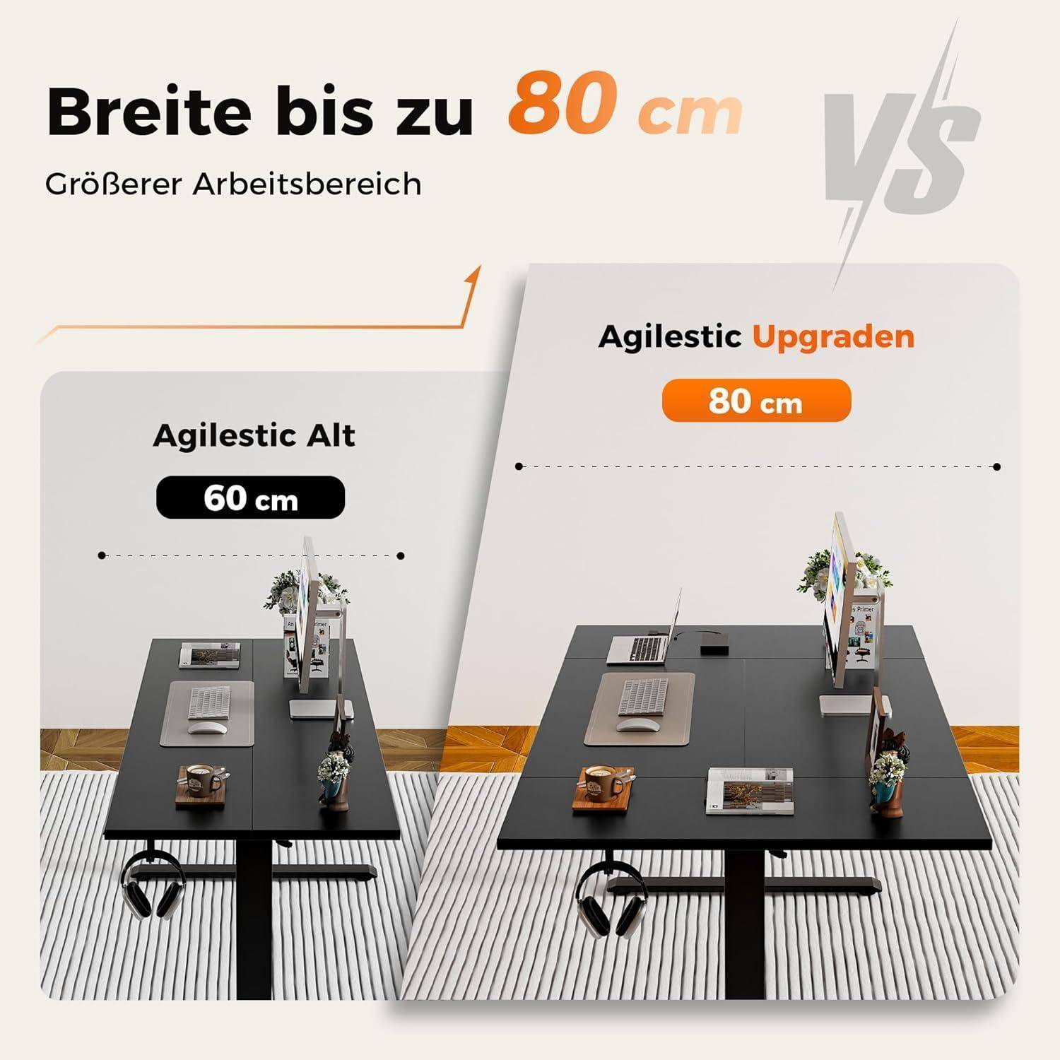 Das Vergleichsbild 'Breite bis zu 80 cm' zeigt ein Arbeitsplatz-Upgrade; links Schreibtisch 60 cm im Vergleich zum rechten Schreibtisch 80 cm, was den vergrößerten Bereich hervorhebt.