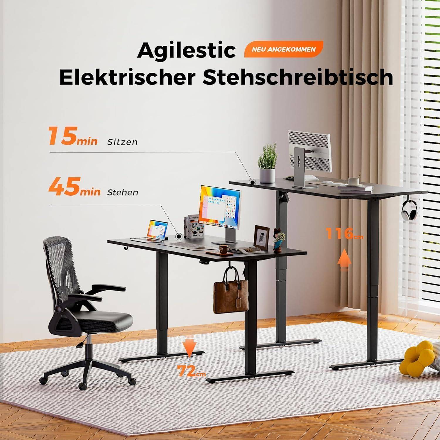 Agilestic Elektrischer Stehschreibtisch' Anzeige zeigt zwei Schreibtische, einer sitzt bei 72 cm, einer steht bei 118 cm und bewirbt aktive Arbeitshaltungen.