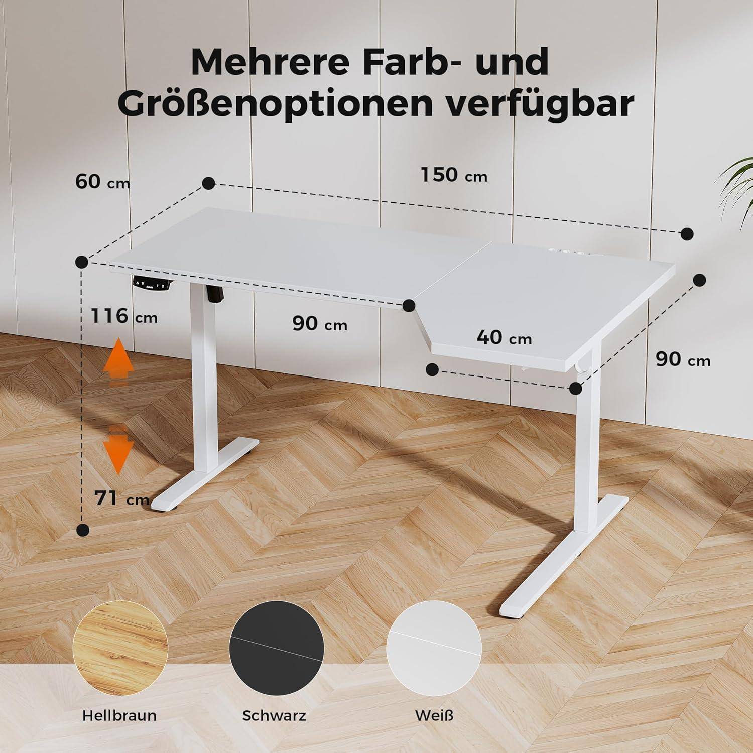 Stehschreibtisch Elektrisch Höhenverstellbar Lform Weiß 150 x 90 cm
