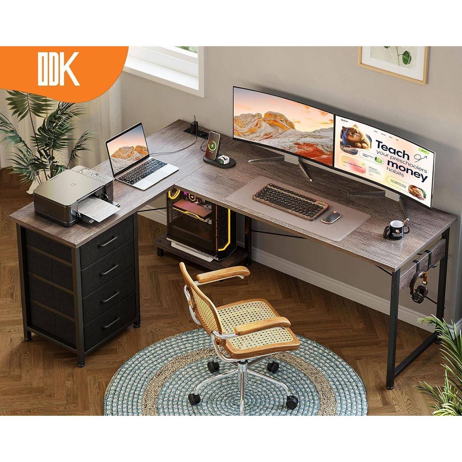 Eckschreibtisch 4 Schubladen L Form USB Graue Eiche 155 × 110 cm