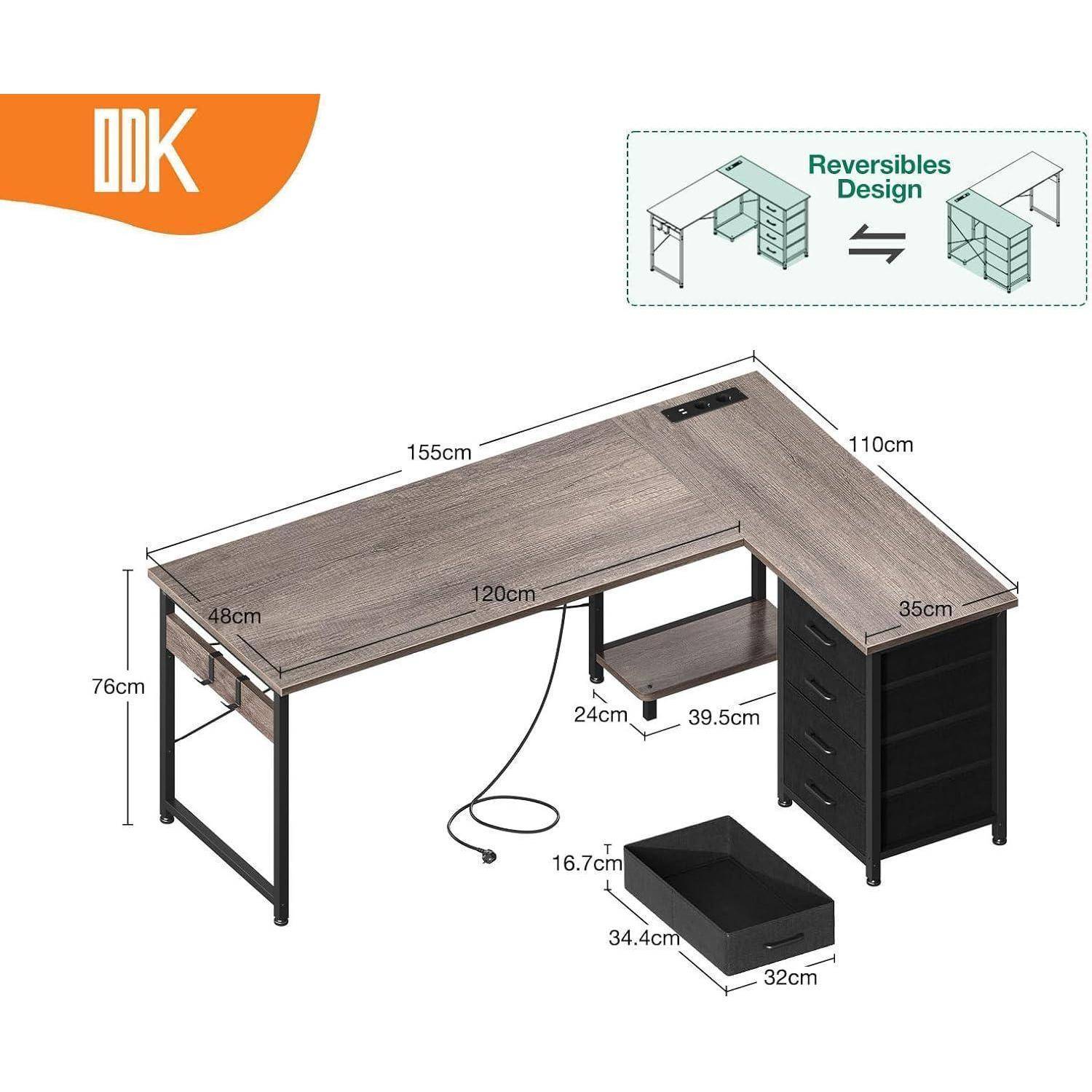 Eckschreibtisch 4 Schubladen L Form USB Graue Eiche 155 × 110 cm