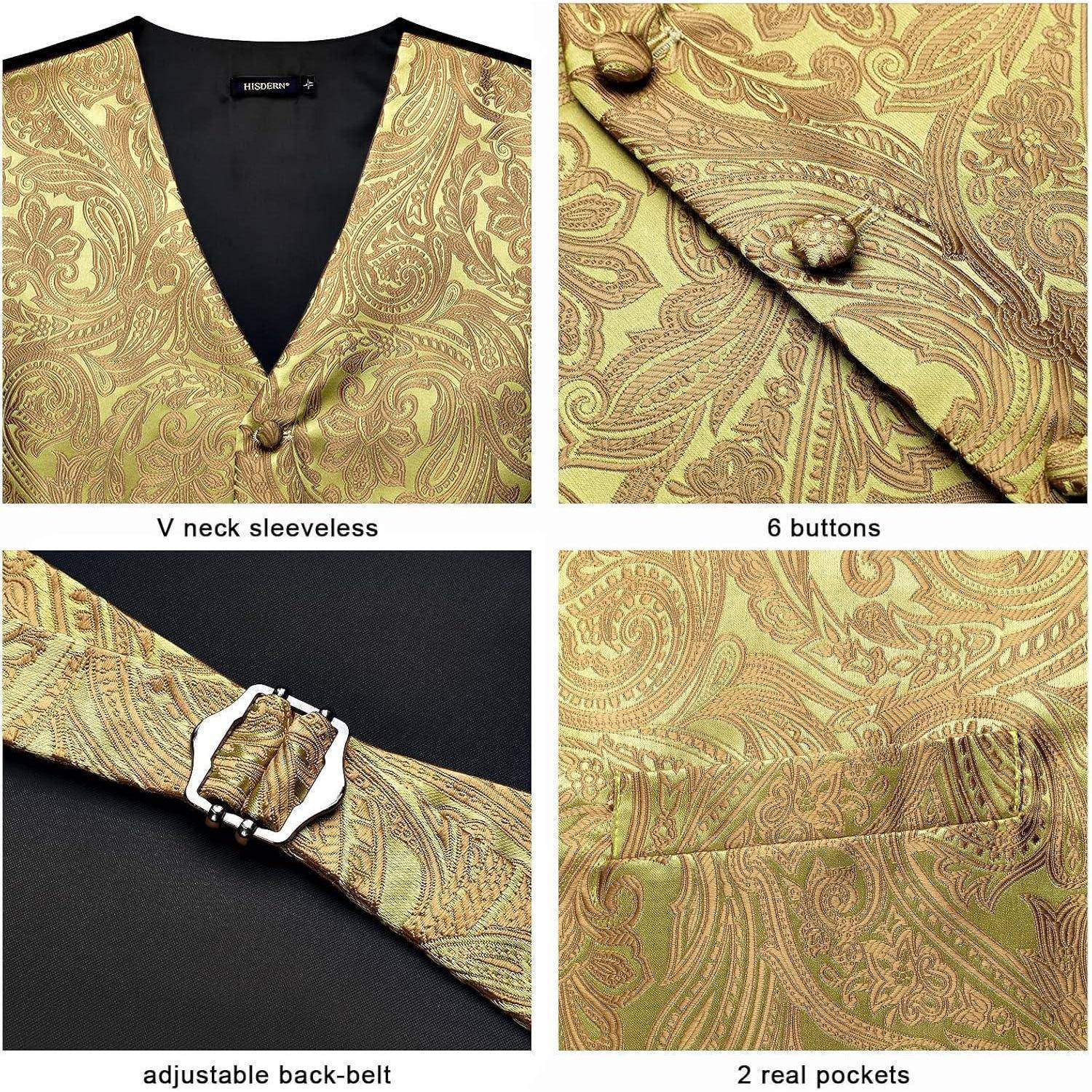 Goldene Paisley-Weste mit V-Ausschnitt, ausgestattet mit 6 Knöpfen, verstellbarem Rückengürtel und 2 echten Taschen. Lebendiges Stoffmuster.