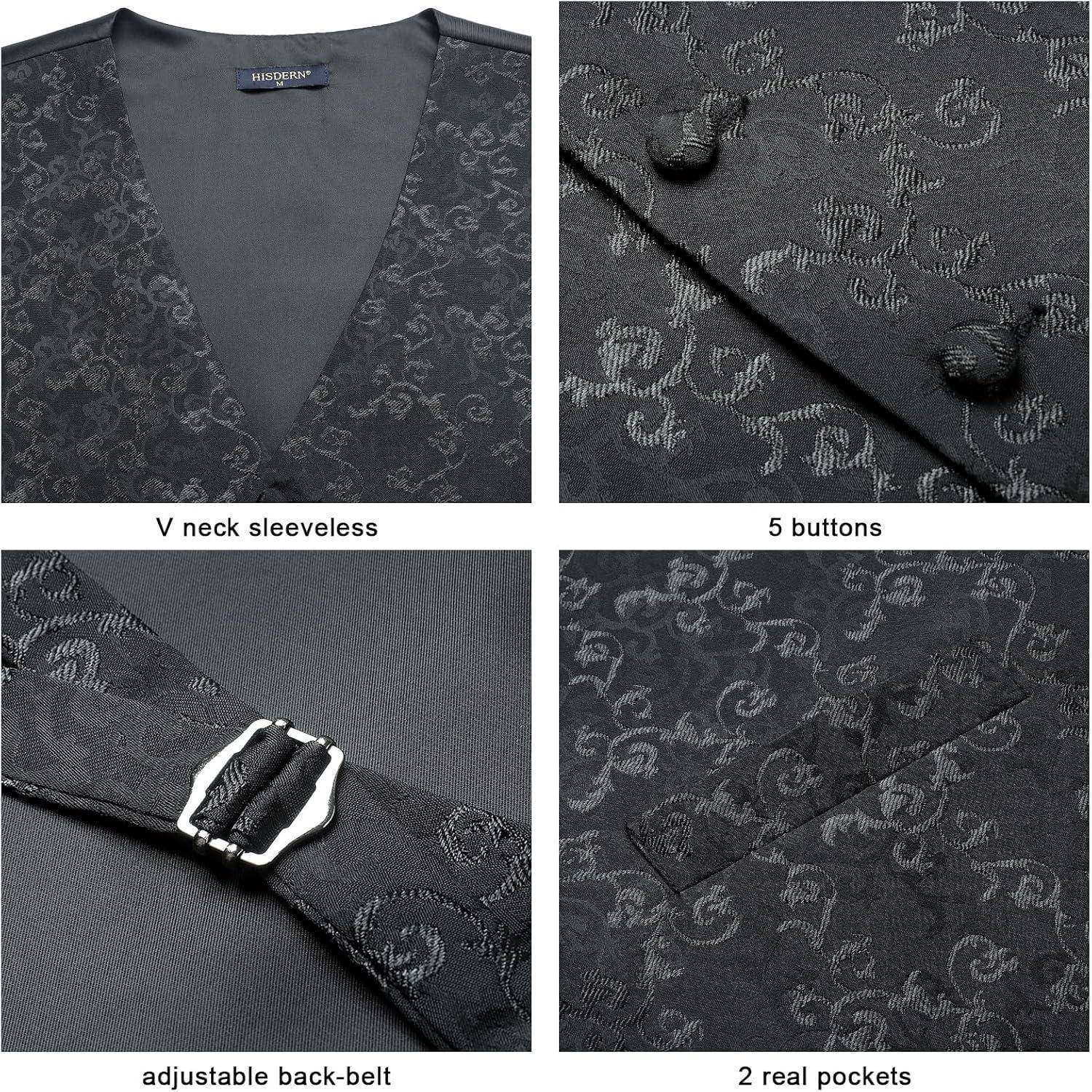 Weste Herren Floral Hochzeit Krawatte Einstecktuch XL Schwarz-1