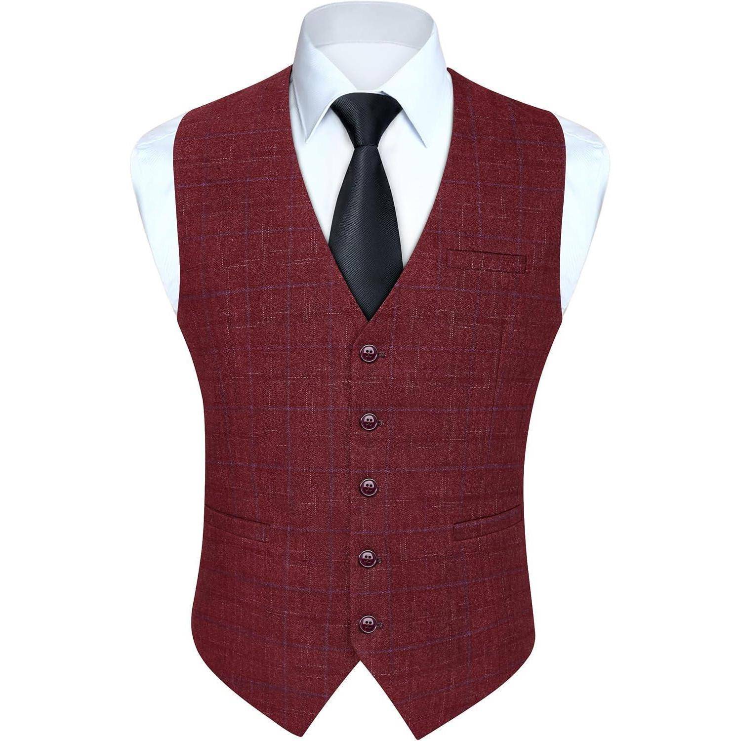 Weste Herren Formale Hochzeitsfeier Baumwolle Plaid Anzug Burgund 2 XS