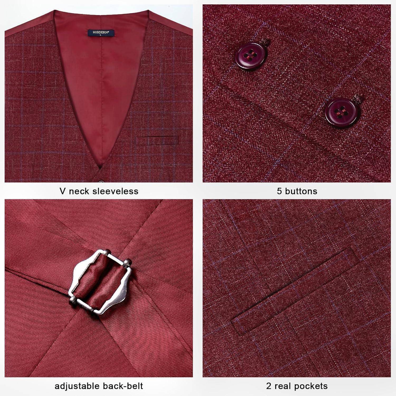 Weste Herren Formale Hochzeitsfeier Baumwolle Plaid Anzug Burgund 2 XS
