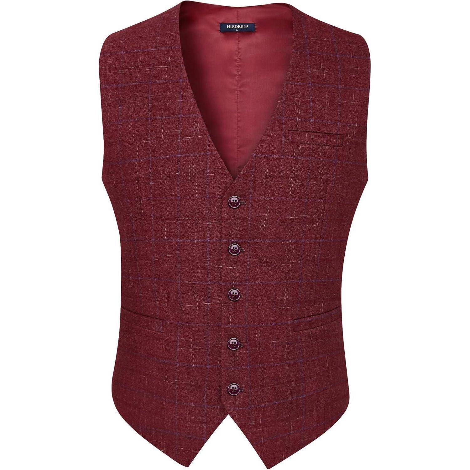 Weste Herren Formale Hochzeitsfeier Baumwolle Plaid Anzug Burgund 2 XS