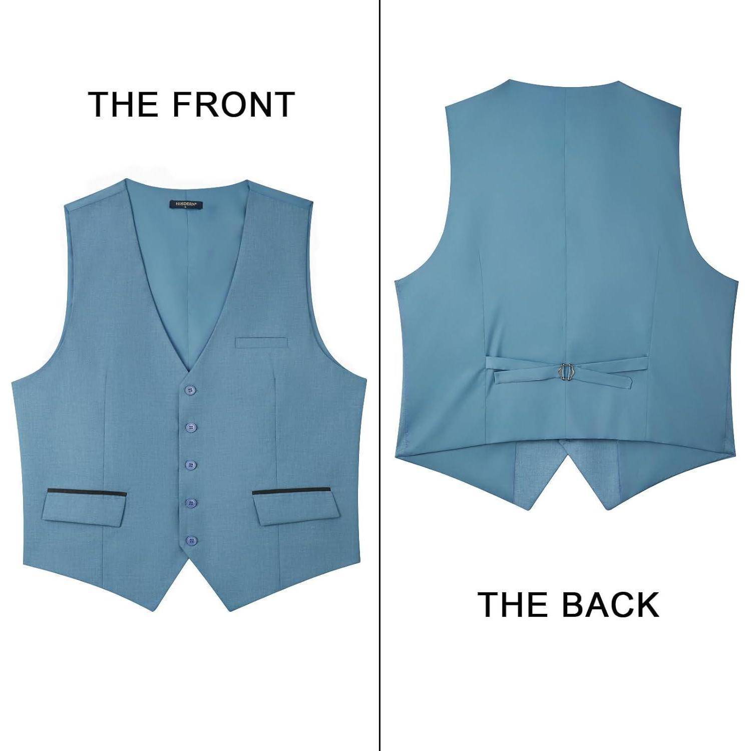 Das Bild zeigt eine blaue Weste mit Vorder- und Rückansicht. Die Vorderseite verfügt über Knöpfe und Taschen, während die Rückseite einen verstellbaren Riemen aufweist.