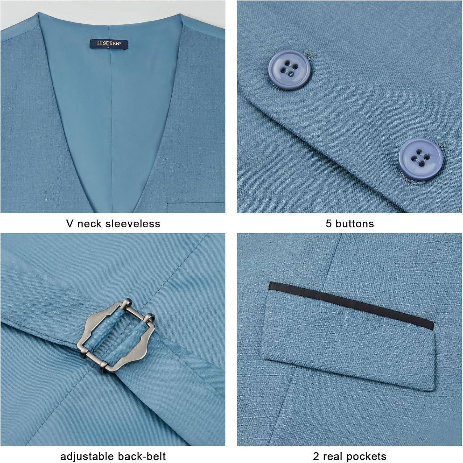 Blaue ärmelloses Weste mit V-Ausschnitt, versehen mit 5 Knöpfen, verstellbarem Rückengürtel, 2 echten Taschen.