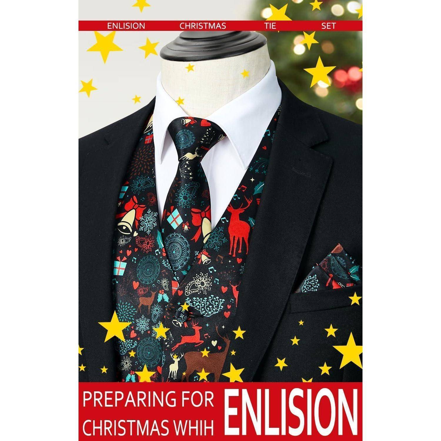 Ein Anzug mit einer festlichen Weihnachts-Krawatte, Weste und Einstecktuch, die Feiertagsmotive tragen, unter dem Text 