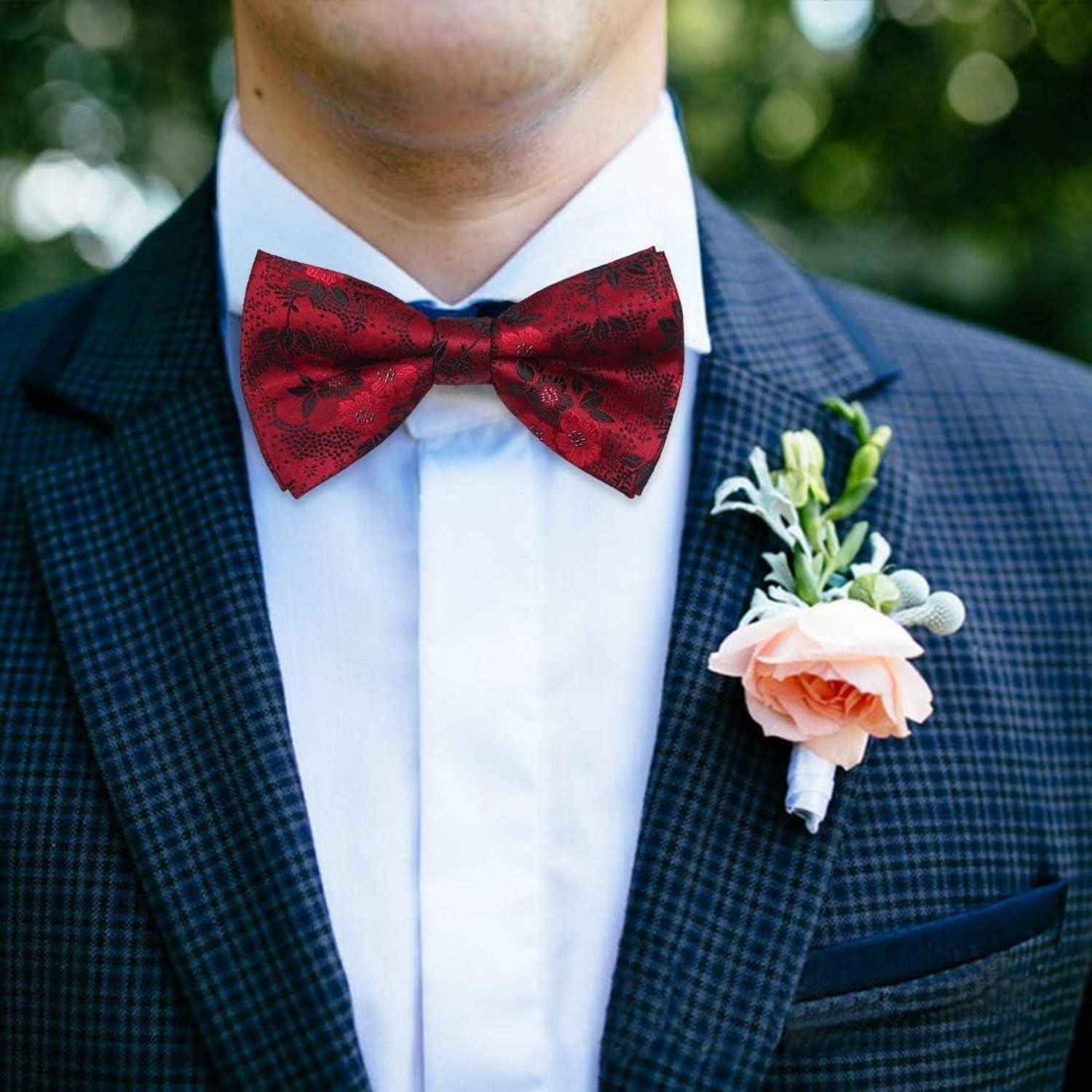 Fliege Herren gebunden verstellbar Paisley Hochzeit Anzug Rot Geblümt