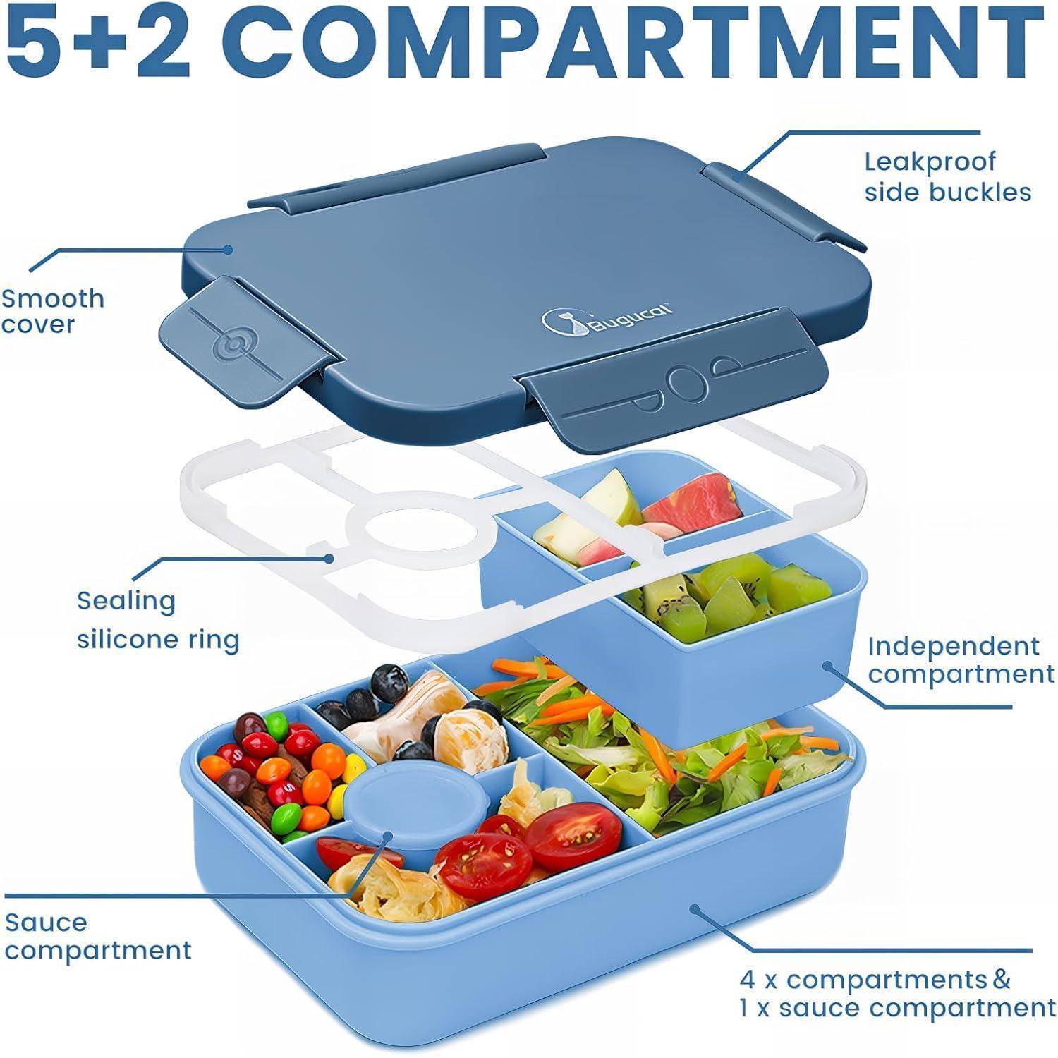Bento-Lunchbox mit 5+2 Fächern, auslaufsicheren seitlichen Schnallen, dichtender Silikonring und separatem Saucenfach. Enthält verschiedene Lebensmittel.