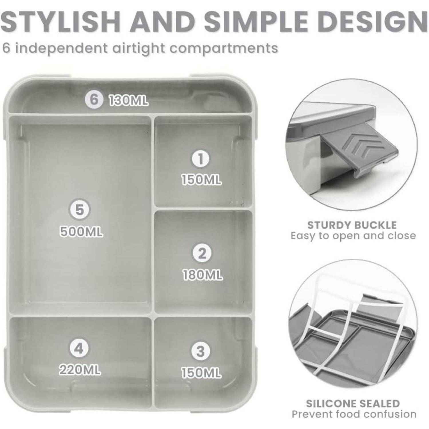 Brotdose Kinder Bento Lunchbox 1330ml 6 Fächer Auslaufsicher Grau