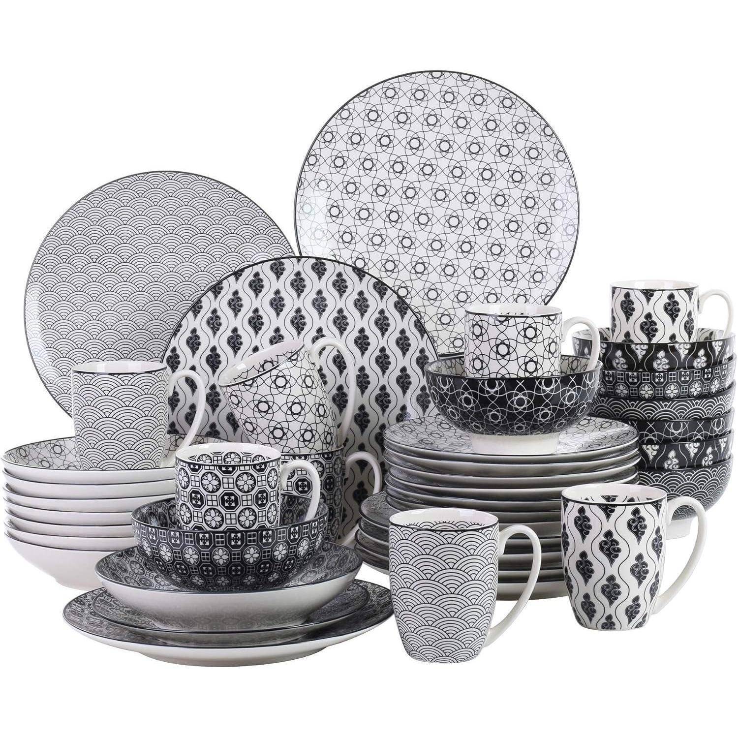 Kombiservice Porzellan 40 TLG 40-teilig Geschirrset Schwarz + Creme