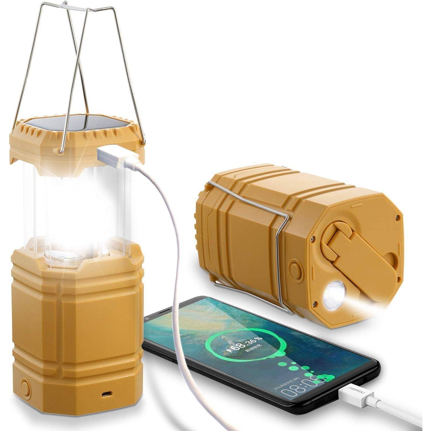 Eine tragbare Laterne mit Handyladefunktion. Die Laterne hat ein zusammenklappbares Design und einen USB-Anschluss. Der Handybildschirm zeigt den Ladestatus an.