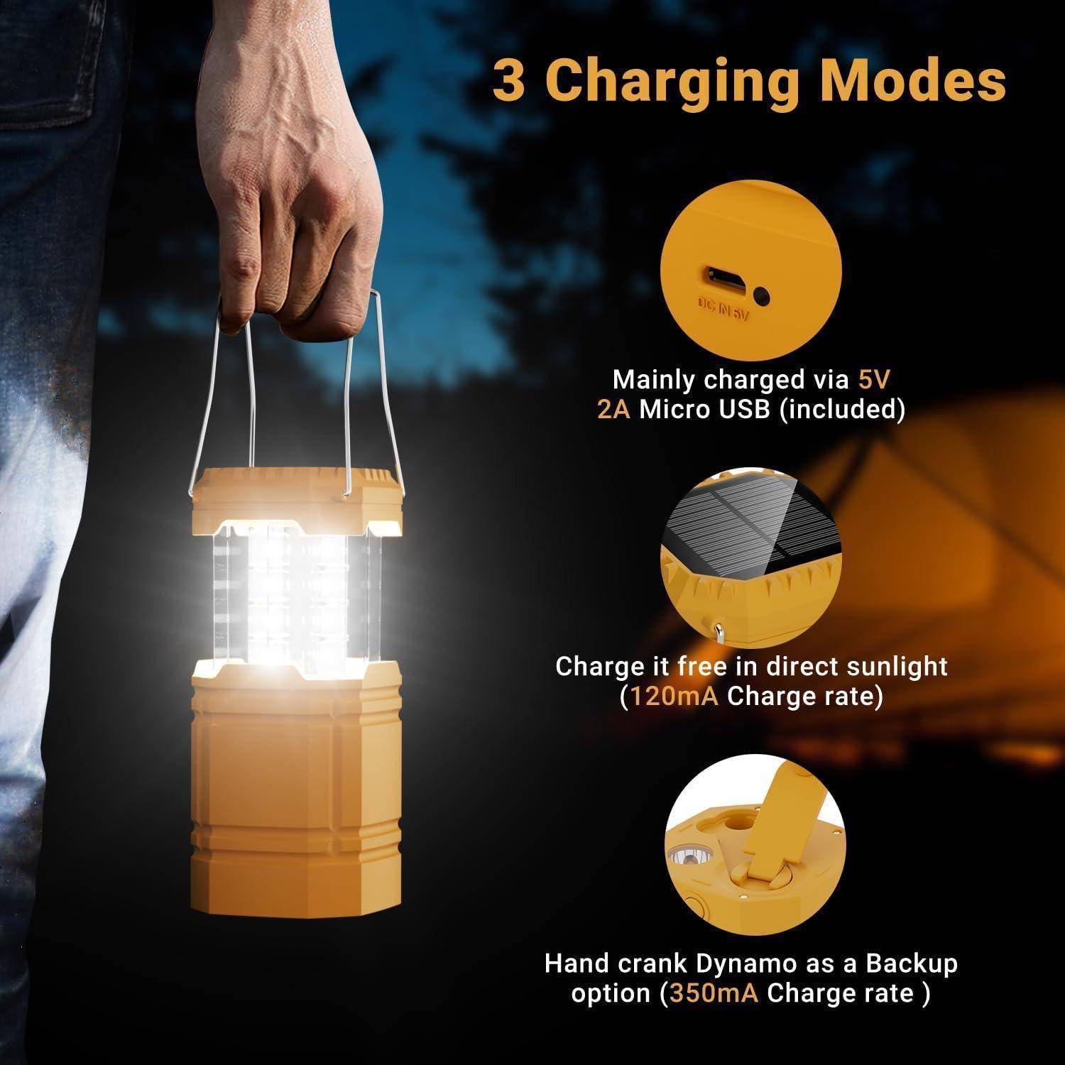 Das Bild zeigt eine Person, die eine Laterne mit drei Ladungsmodi hält: 5V USB, Solar und Handkurbel. Der gelbe Text beschreibt die Optionen.