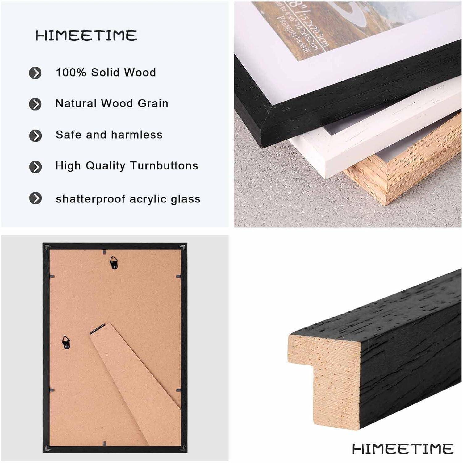 Fotorahmen mit massivem Holz, natürlicher Maserung, sicheren Drehverschlüssen und splitterfreiem Acrylglas. Detailaufnahme einer Rahmencke und Rückseite.