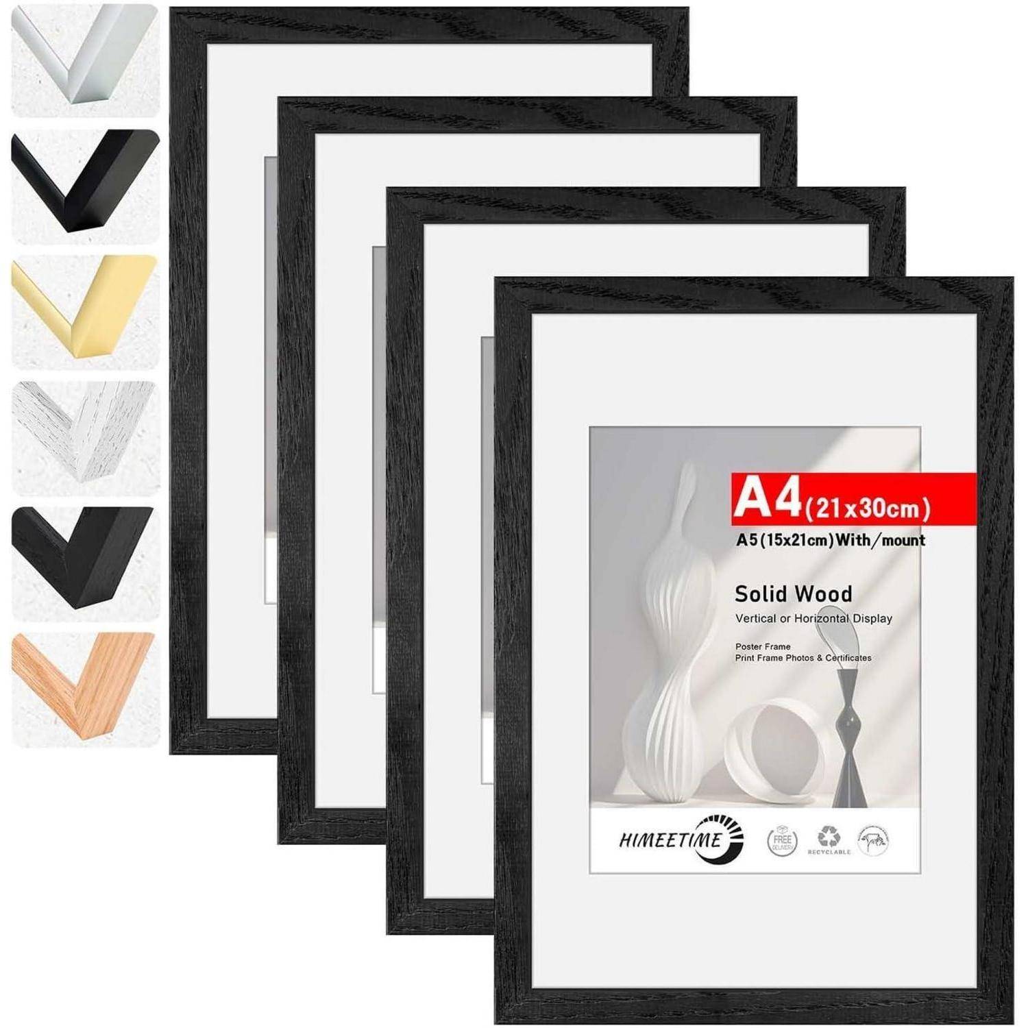 Bilderrahmen 4x A4 21x30cm Schwarz Holz | Schwarz A4(21x29,7cm) 4x