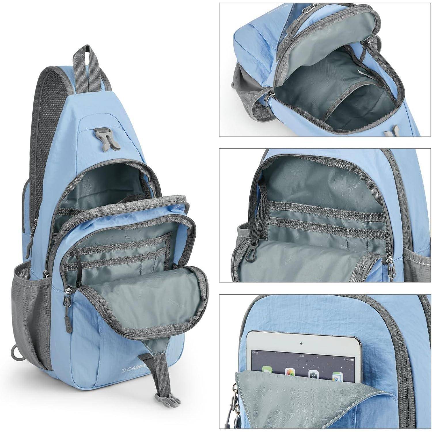 Hellblauer Schultertasche-Rucksack mit mehreren Fächern. Zu den Merkmalen gehören Hauptstauraum, Vordertasche mit Reißverschluss, seitliche Netztasche und gepolstertes Fach für ein Tablet.