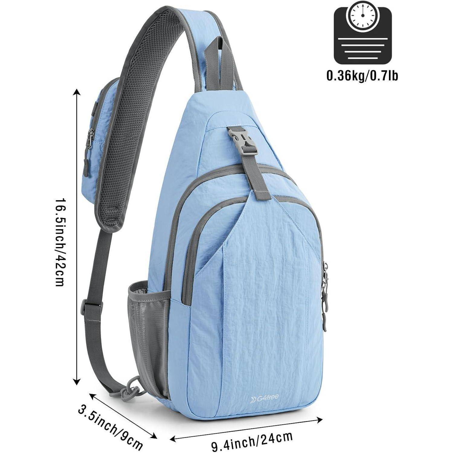 Hellblauer Umhängerucksack mit mehreren Fächern und verstellbarem Riemen. Abmessungen: 16,5x9,4x3,5 Zoll. Gewicht: 0,36 kg/0,7 Pfund.