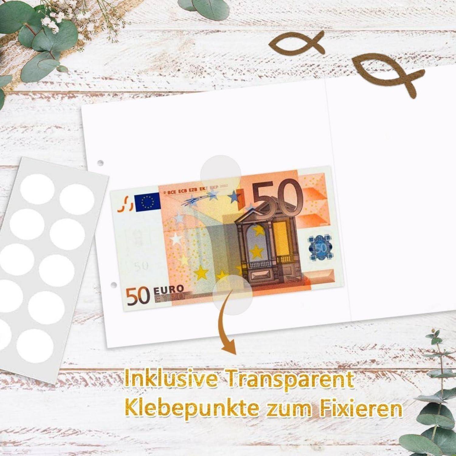 Set mit 50-Euro-Geldschein und Klebepunkten, beschriftet mit 