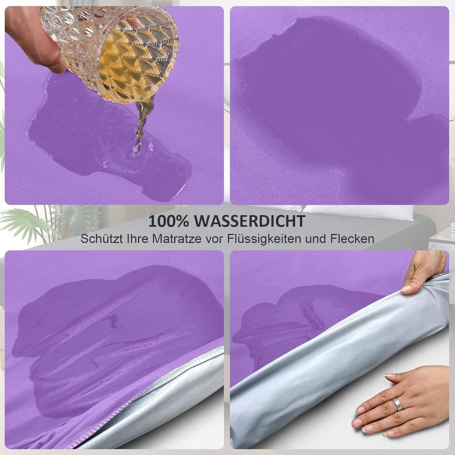 Vier Bilder, die einen wasserdichten Matratzenschutz testen. Wasser wird auf die lila Oberfläche gegossen und abgewischt, dann abgedeckt. Text lautet: '100% wasserdicht.