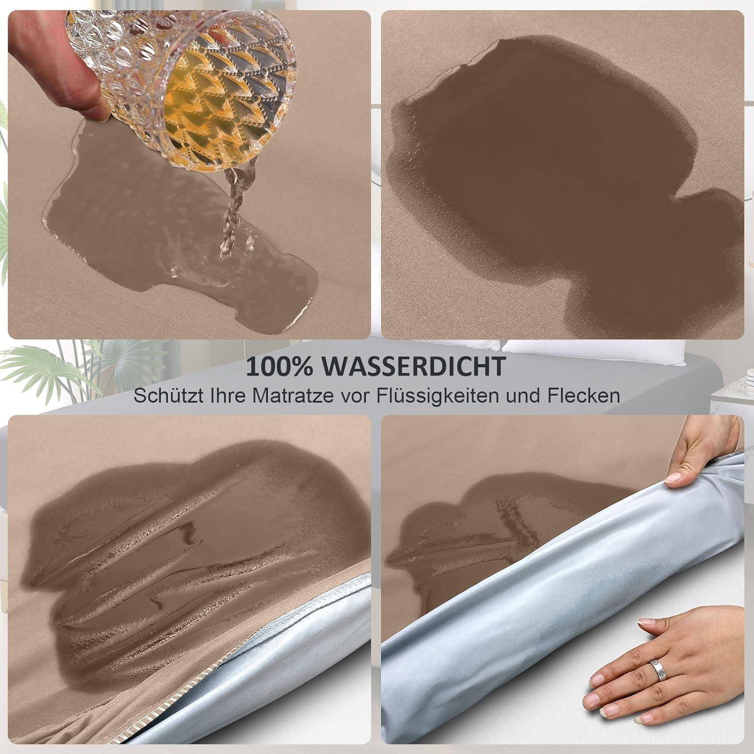 Liquid being poured on a mattress cover shows no absorption; text reads '100% WASSERDICHT Schützt Ihre Matratze vor Flüssigkeiten und Flecken'.