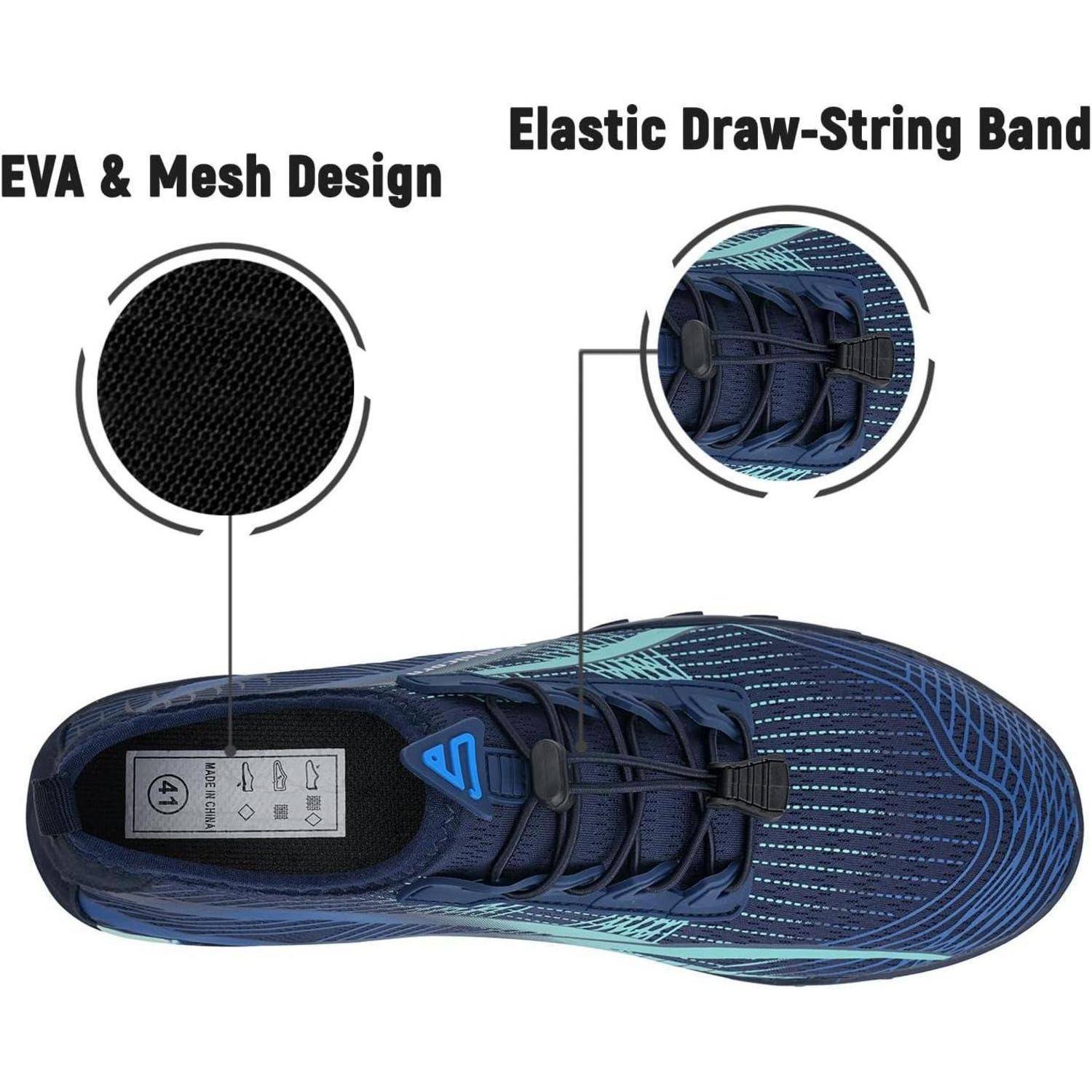 Draufsicht eines blauen Athletikschuhs mit elastischem Kordelzugband und EVA-Netzdesign. Nahaufnahme zeigt Netzstrukturdetails.