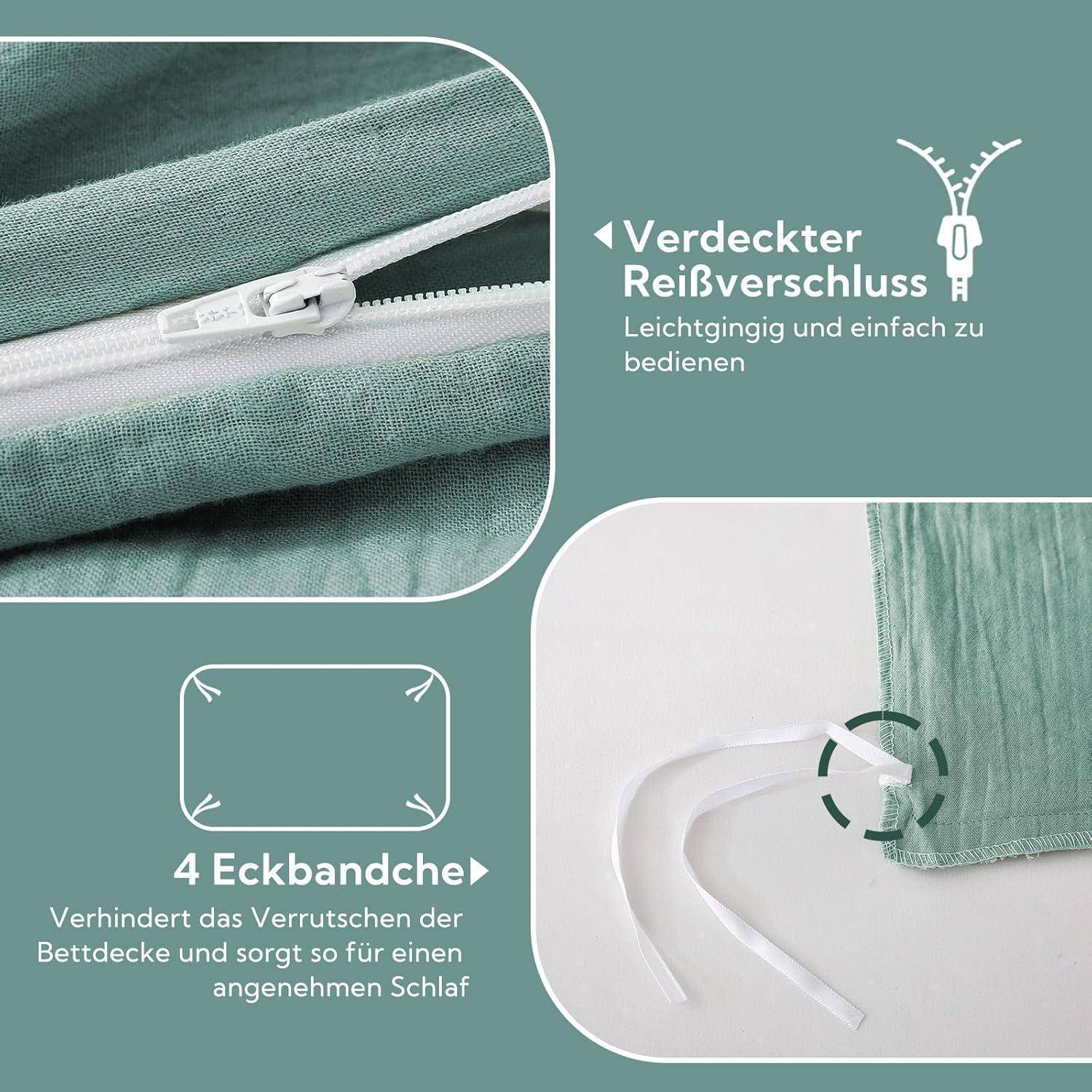 Nahaufnahme eines grünen Stoffes mit einem verdeckten Reißverschluss und Eckbändchen. Text hebt 'Verdeckter Reißverschluss' und '4 Eckbändche' hervor.