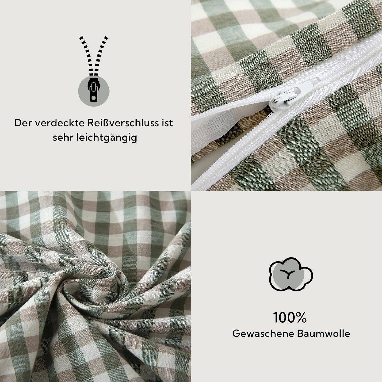 Ein karierter Stoff mit einer verdeckten Reißverschluss-Detaillierung, beschriftet mit 'Der verdeckte Reißverschluss ist sehr leichtgängig' und '100% Gewaschene Baumwolle'.