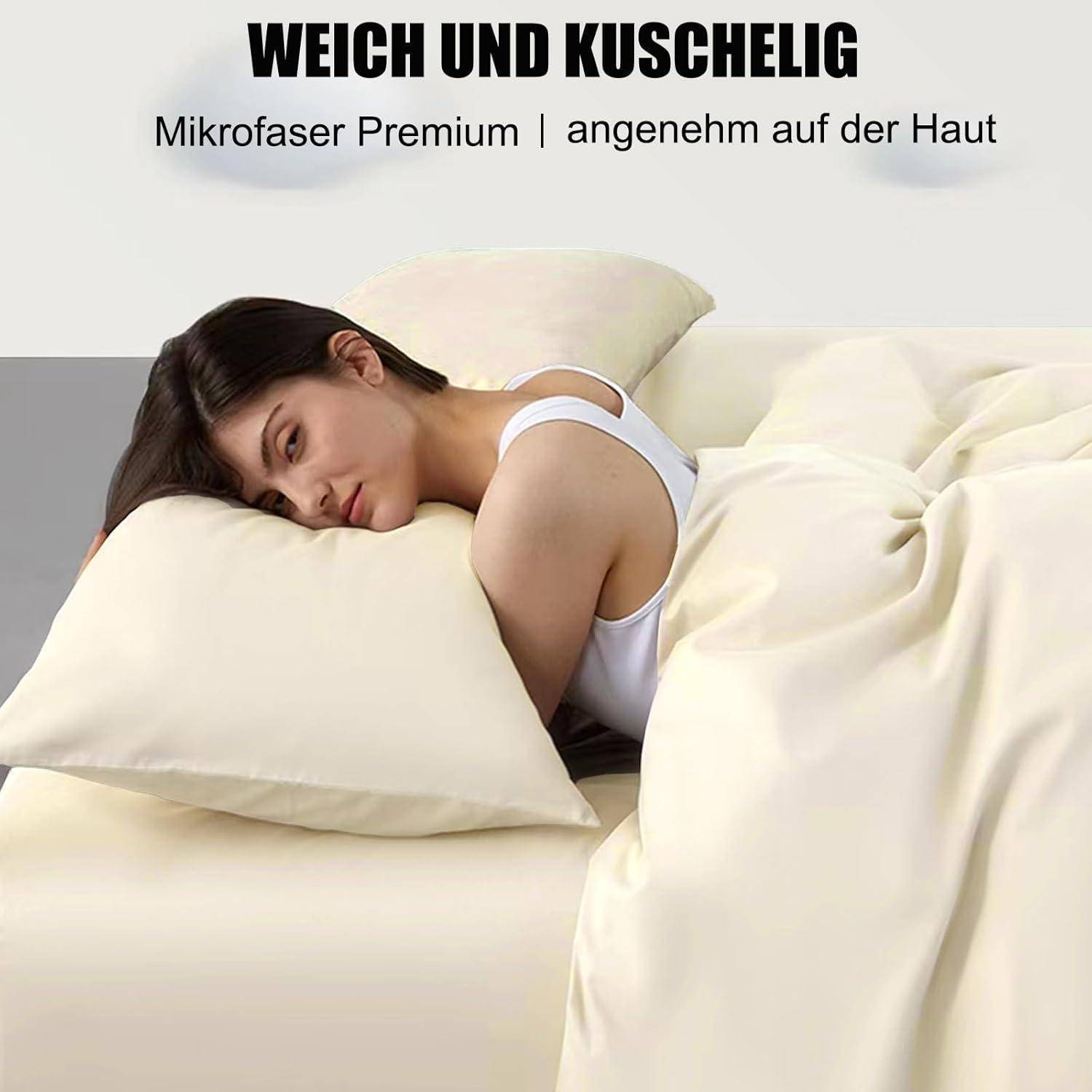 Eine Frau ruht auf einem Bett mit weicher Elfenbeinfarbener Bettwäsche. Der Text lautet 'Weich und kuschelig' und 'Mikrofaser Premium | angenehm auf der Haut'.