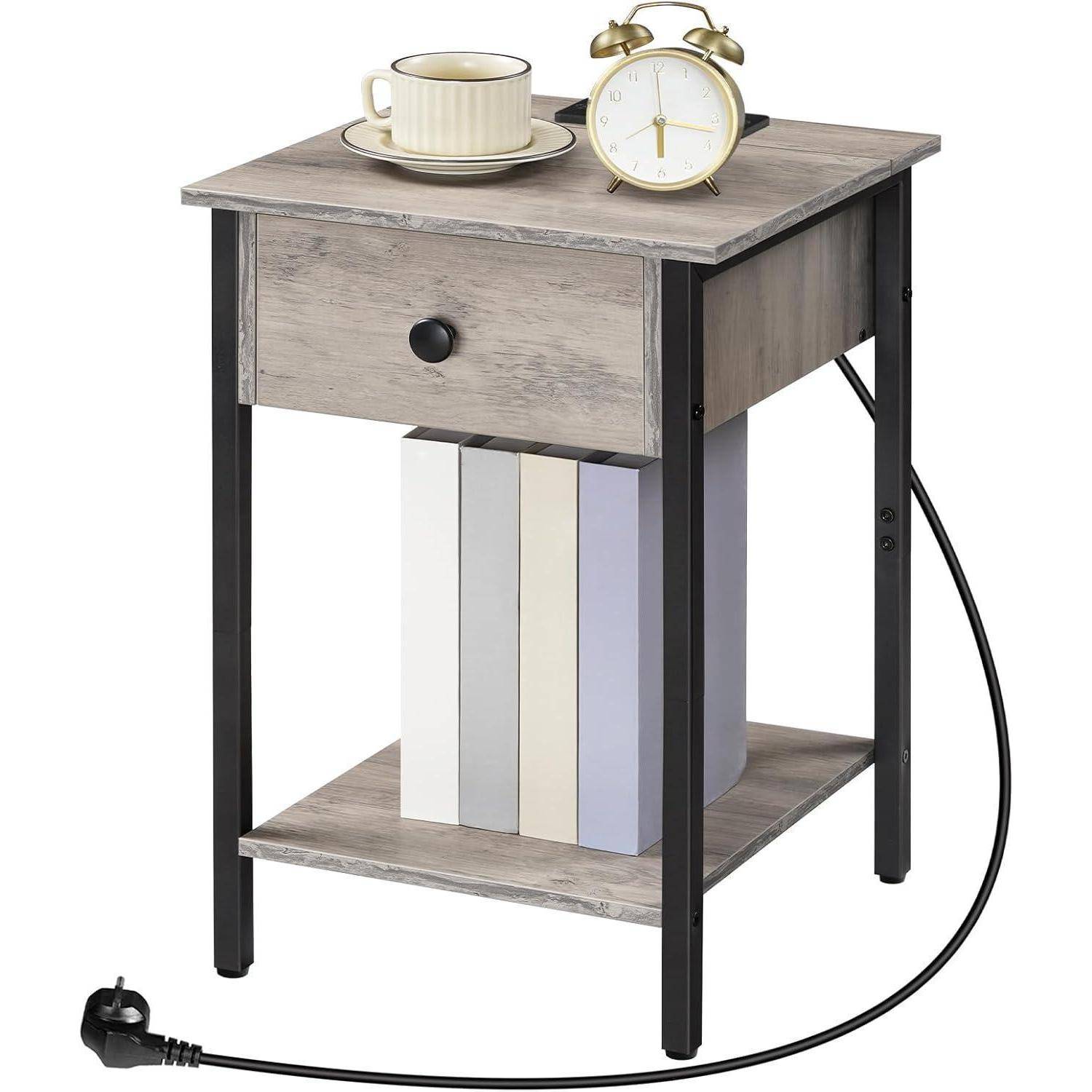 Nachttisch Ladestation Schublade USB Steckdose Grau 40 x 40 x 56 cm