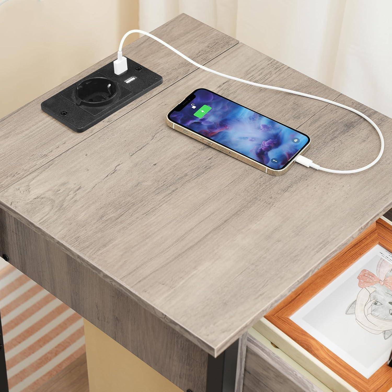 Nachttisch Ladestation Schublade USB Steckdose Grau 40 x 40 x 56 cm
