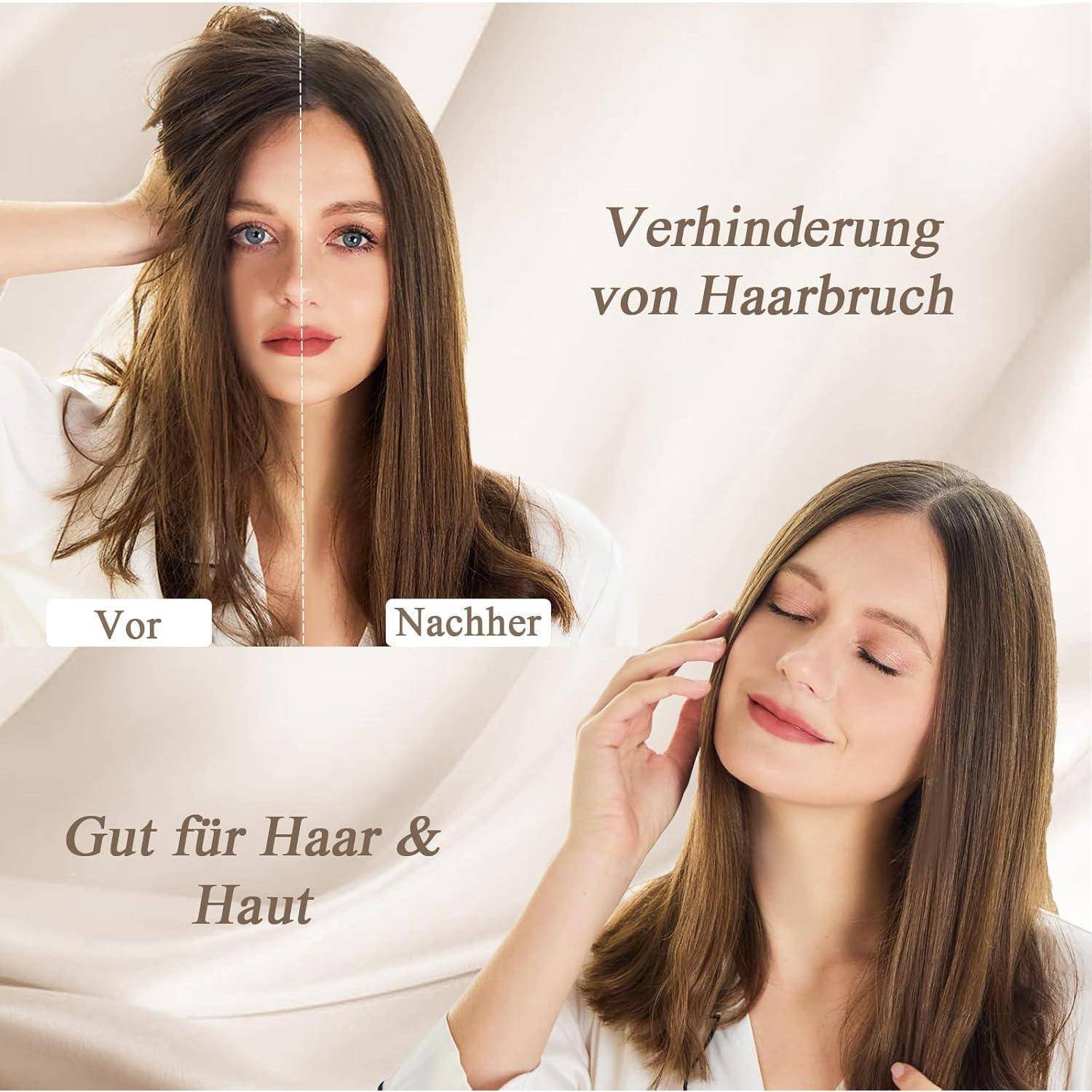 Eine Frau mit langen, glatten Haaren, beschriftet mit 'Vor' und 'Nachher'. Text lautet 'Verhinderung von Haarbruch' und 'Gut für Haar & Haut'.