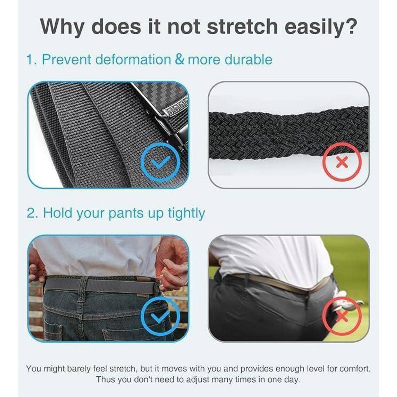 Warum dehnt es sich nicht leicht aus? 1. Verhindert Verformung & ist langlebiger. 2. Hält die Hose fest.