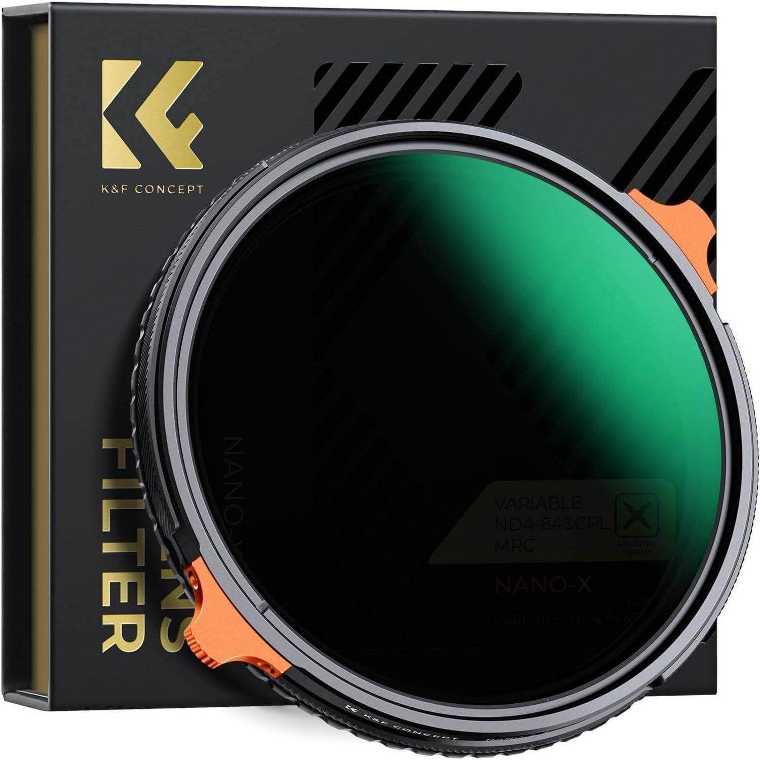 Ein schwarzer, runder Kameraobjektivfilter mit orangefarbenen Akzenten lehnt an einer schwarz-goldenen Schachtel, auf der das Logo von 'K&F Concept' zu sehen ist.