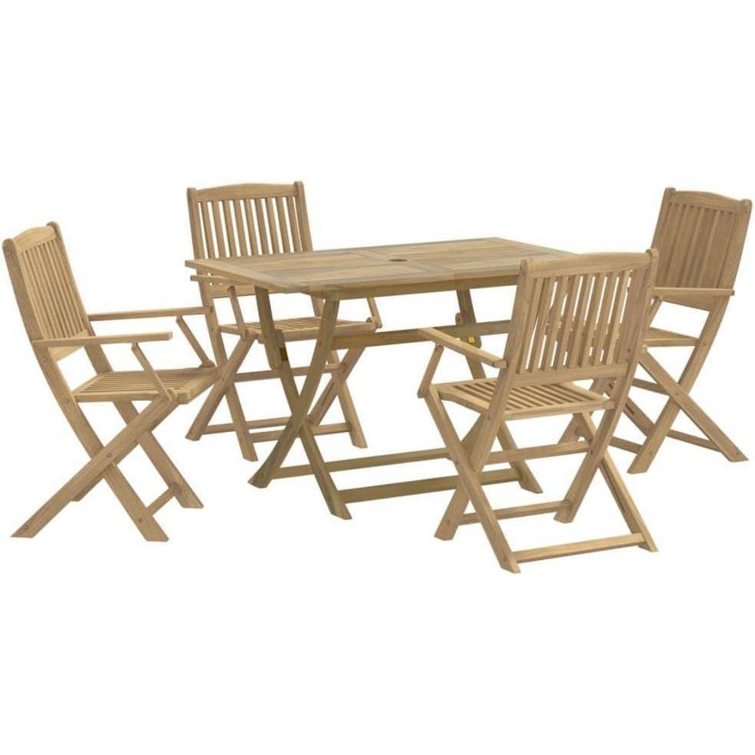Ein hölzerner Outdoor-Esstisch mit einem rechteckigen Tisch und vier passenden Klappstühlen, alle aus hellem Holz gefertigt.