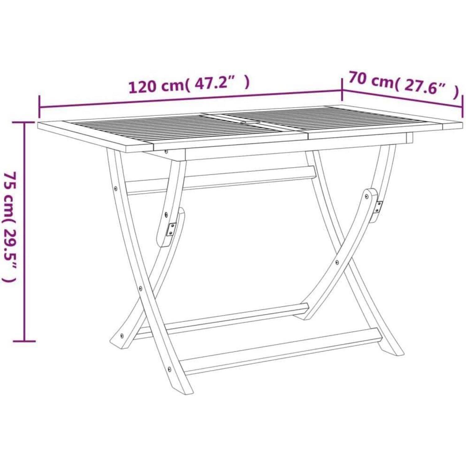 Ein zusammenklappbarer Tisch mit angegebenen Maßen: Breite 120 cm (47,2 Zoll), Tiefe 70 cm (27,6 Zoll) und Höhe 75 cm (29,5 Zoll).