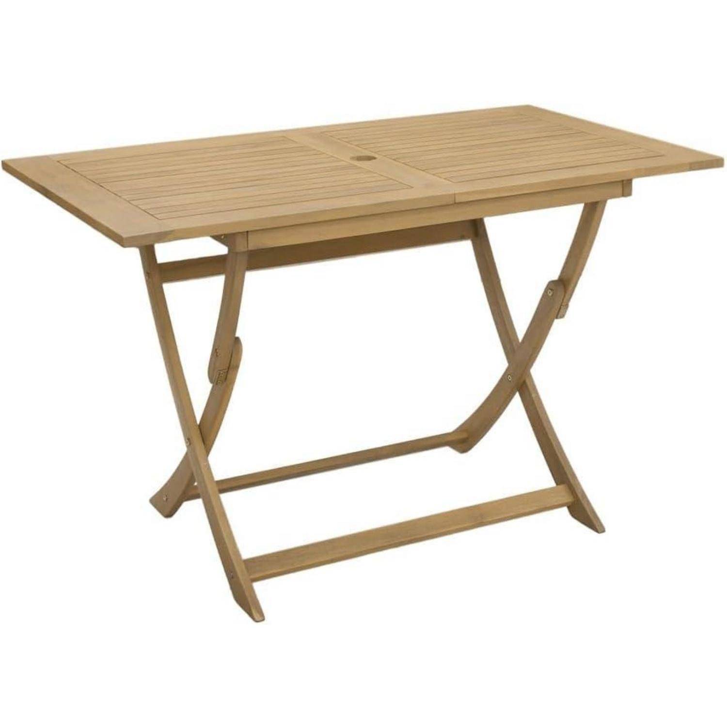 Ein Holzklapptisch mit rechteckiger Tischplatte und gekreuzten Beinen, geeignet für den Außenbereich.