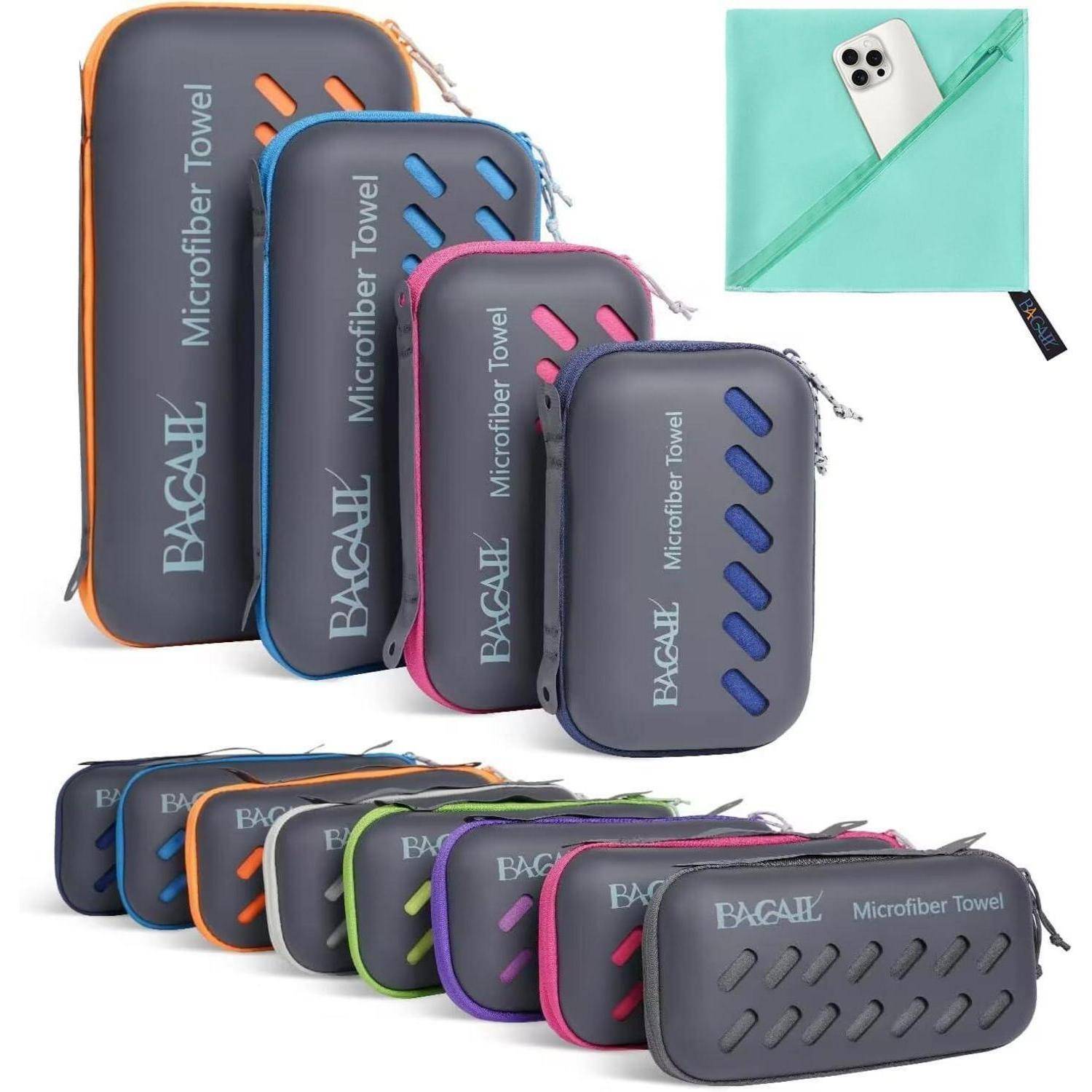 Set von Bagoa Mikrofasertüchern in verschiedenen Farben, einschließlich Grau, Blau, Rosa und Grün. Enthält eine kompakte Tragetasche.