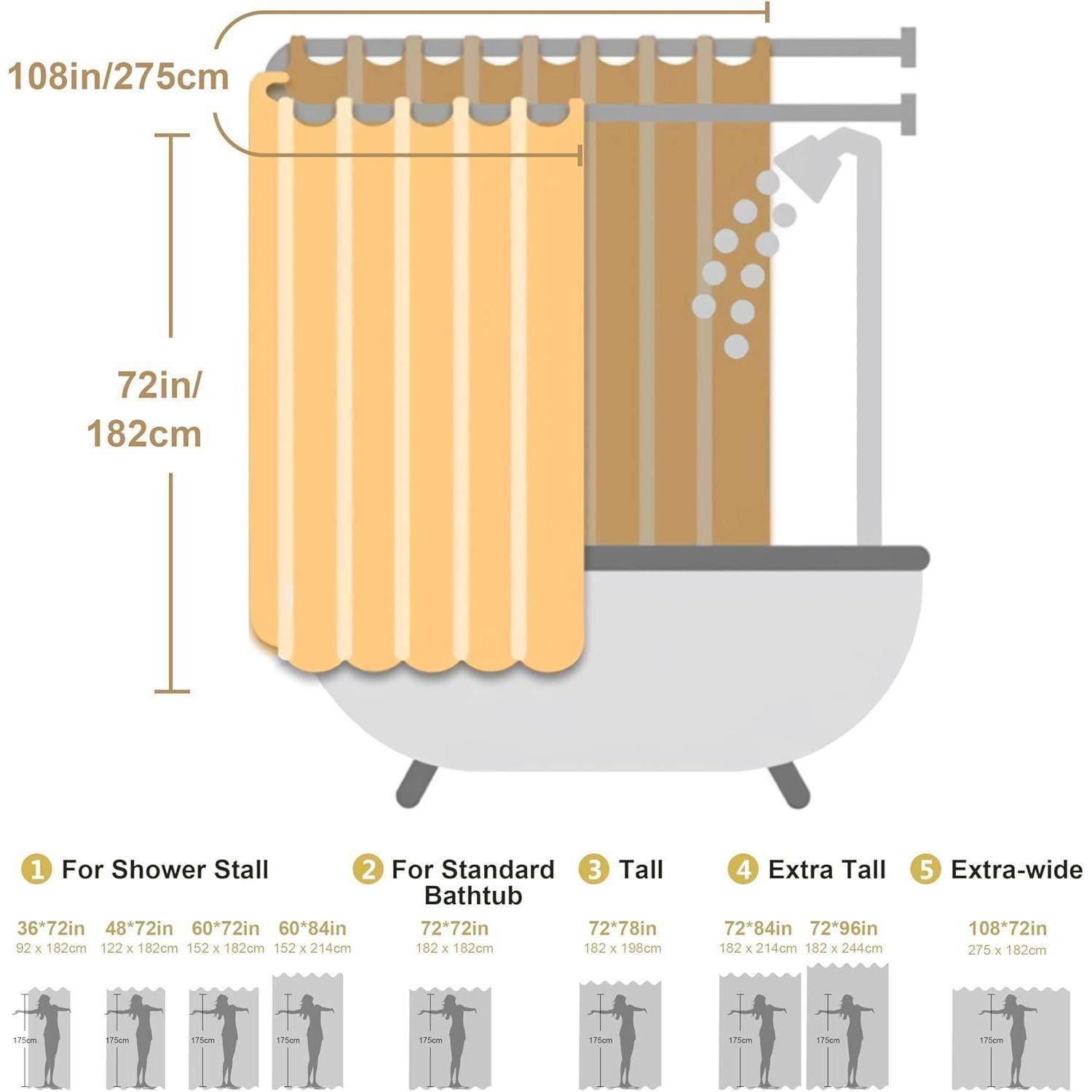 Ein Duschvorhang-Diagramm zeigt verschiedene Größen für Duschkabine, Standardbadewanne, groß, extra groß und extra breit mit Maßangaben.