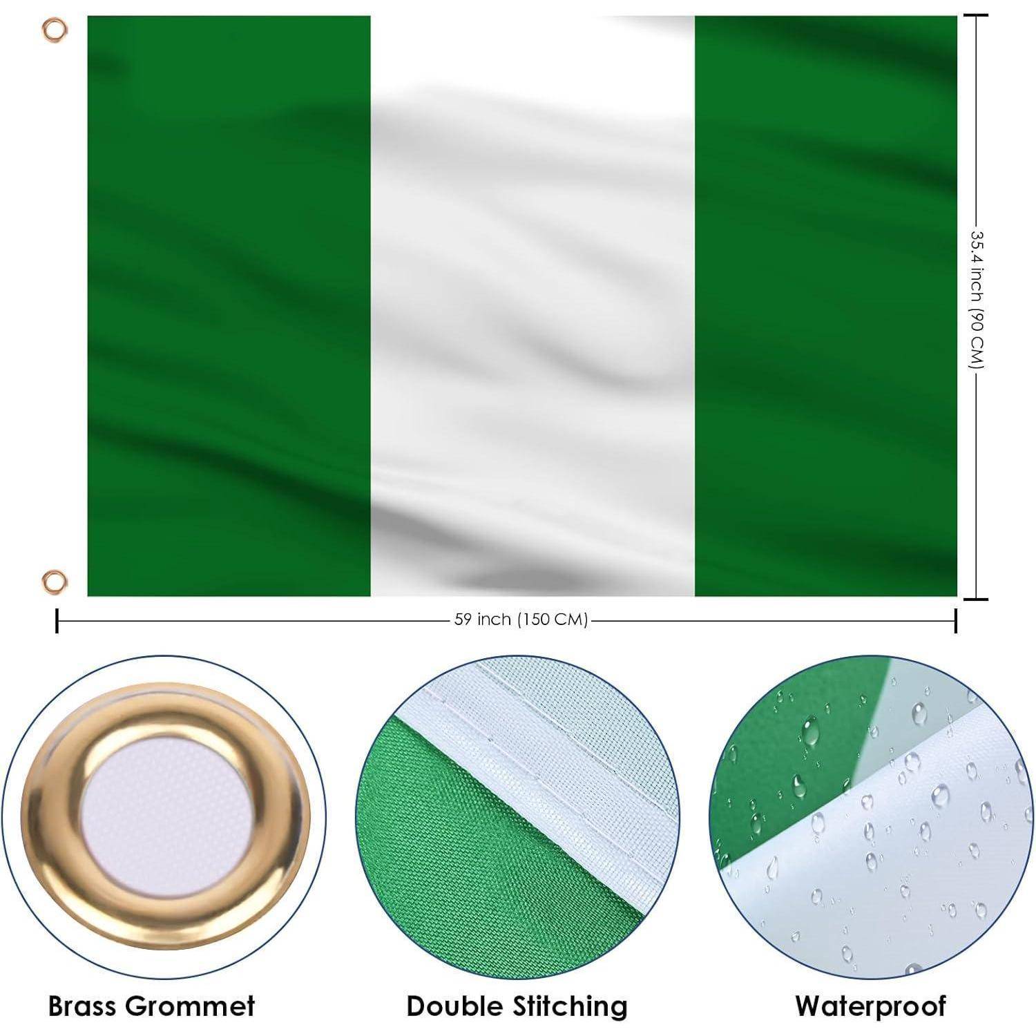 Nigerianische Flagge mit vertikalen Streifen in Grün, Weiß, Grün. Merkmale umfassen Messinghaken, doppelte Nähte, wasserdichtes Material. Größe: 59 x 35,5 Zoll (150 x 90 cm).
