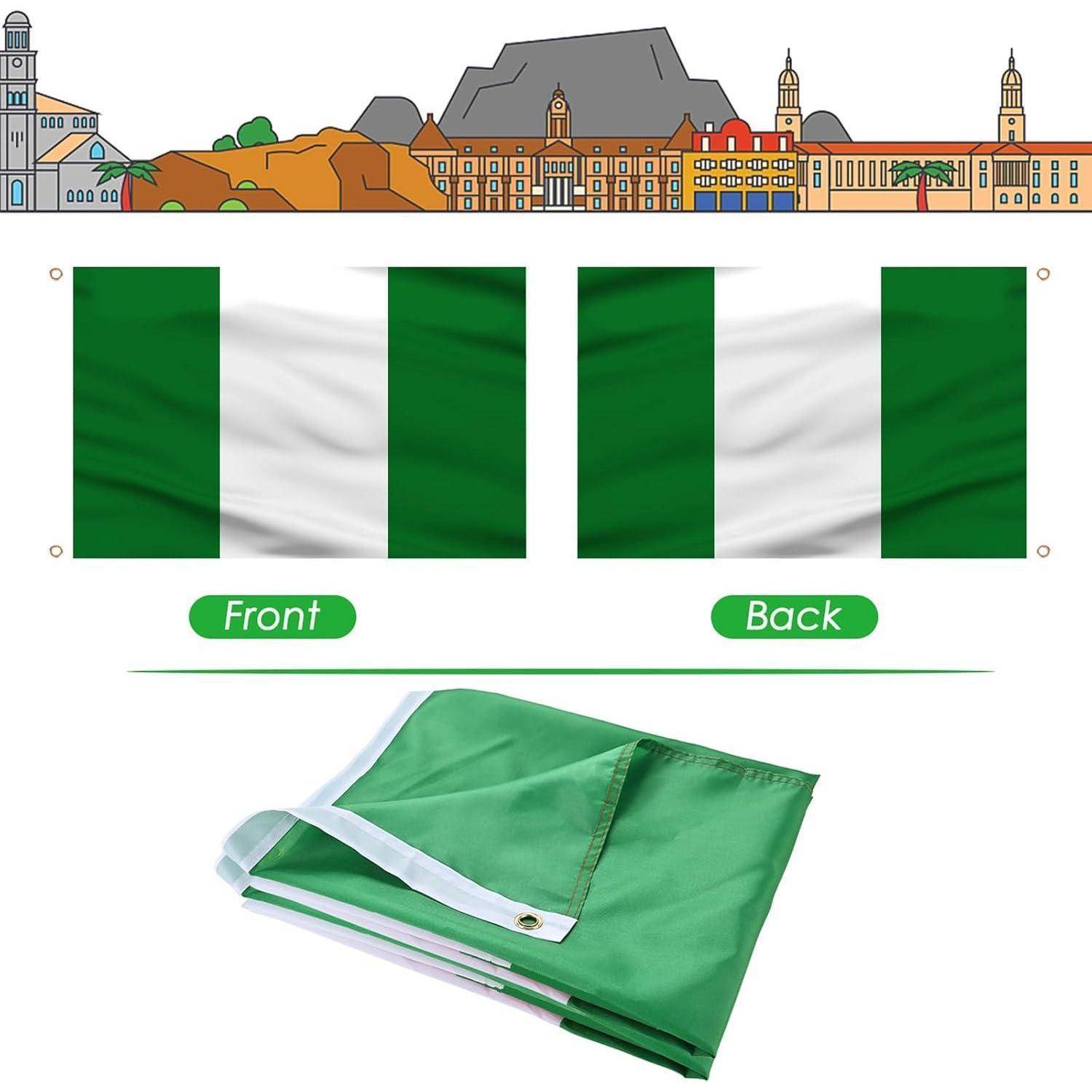 Die Abbildung zeigt eine grün-weiße Flagge, die flach und gefaltet dargestellt wird. Der Hintergrund enthält illustrierte Gebäude.